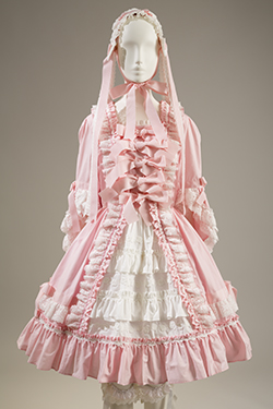 contemporary pink ruffled dress with petticoat and bonnet