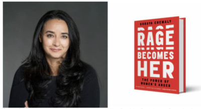 Soraya Chemaly next to a cover of her book Rage Becomes Her