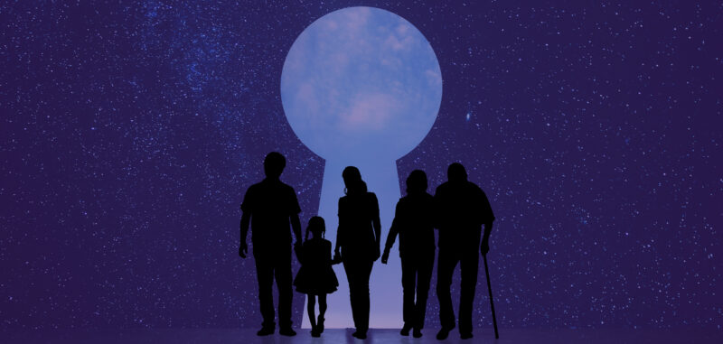 silhouettes of people standing in front of a purple keyhole background
