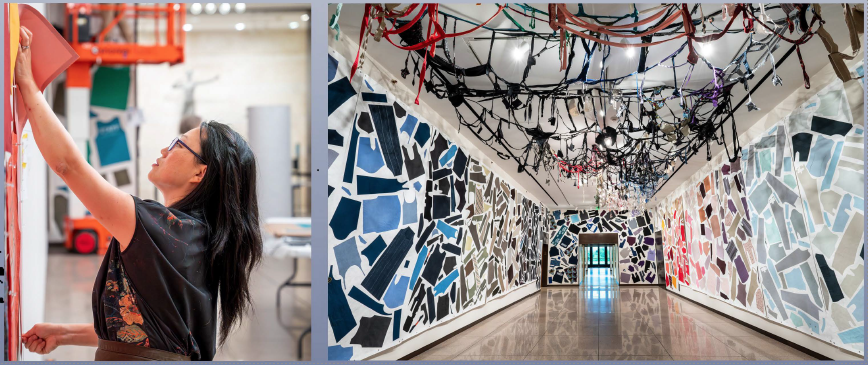 Jean Shin and an installation view of Shin's artwork