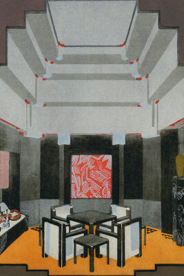 Pochoir of a laquered smoking room by Jean Dumad featured at the 1925 L'Exposition Internationale des Arts Décoratifs et Industriels Modernes, Paris, 1925.