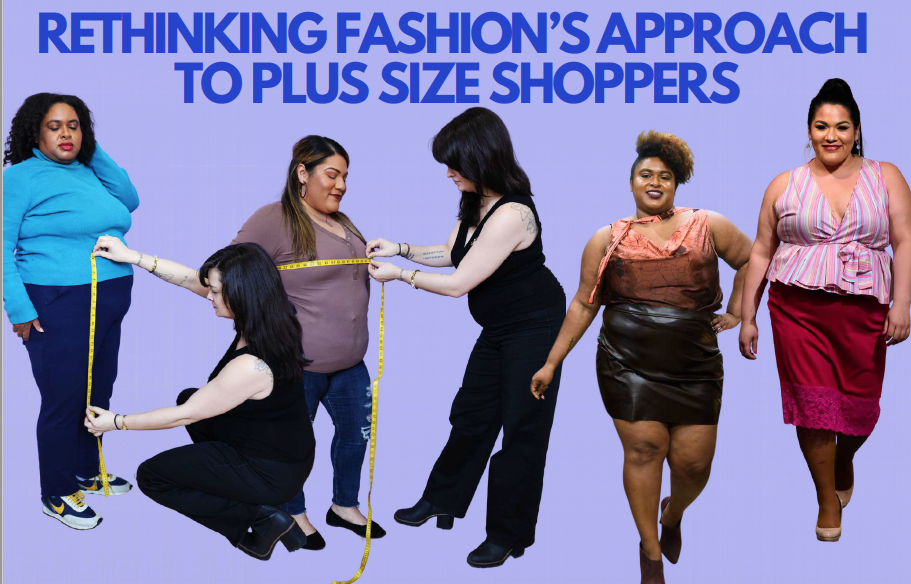 plus size women being measured with fabric measuring tape and then those same plus-size women wearing fashionable clothing