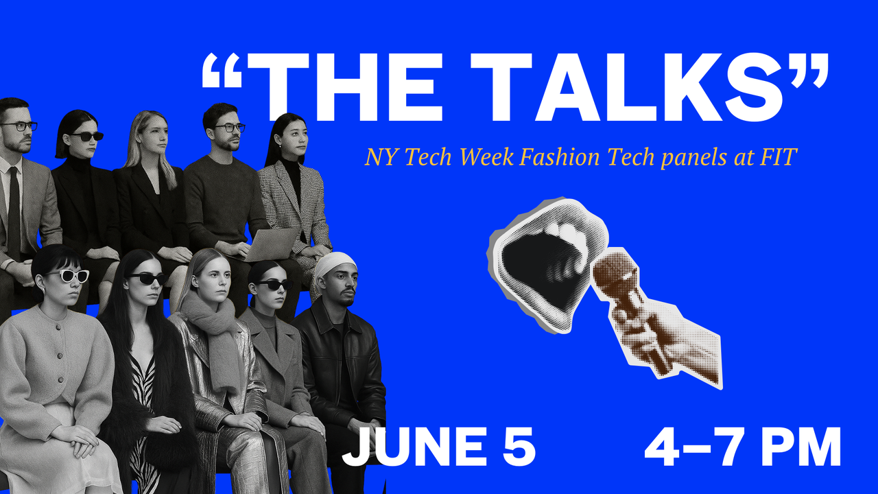 two rows of people in black and white with blue background and text treatment that says The Talks, plus a cutout image of a mouth and a cutout image of a hand with a microphone