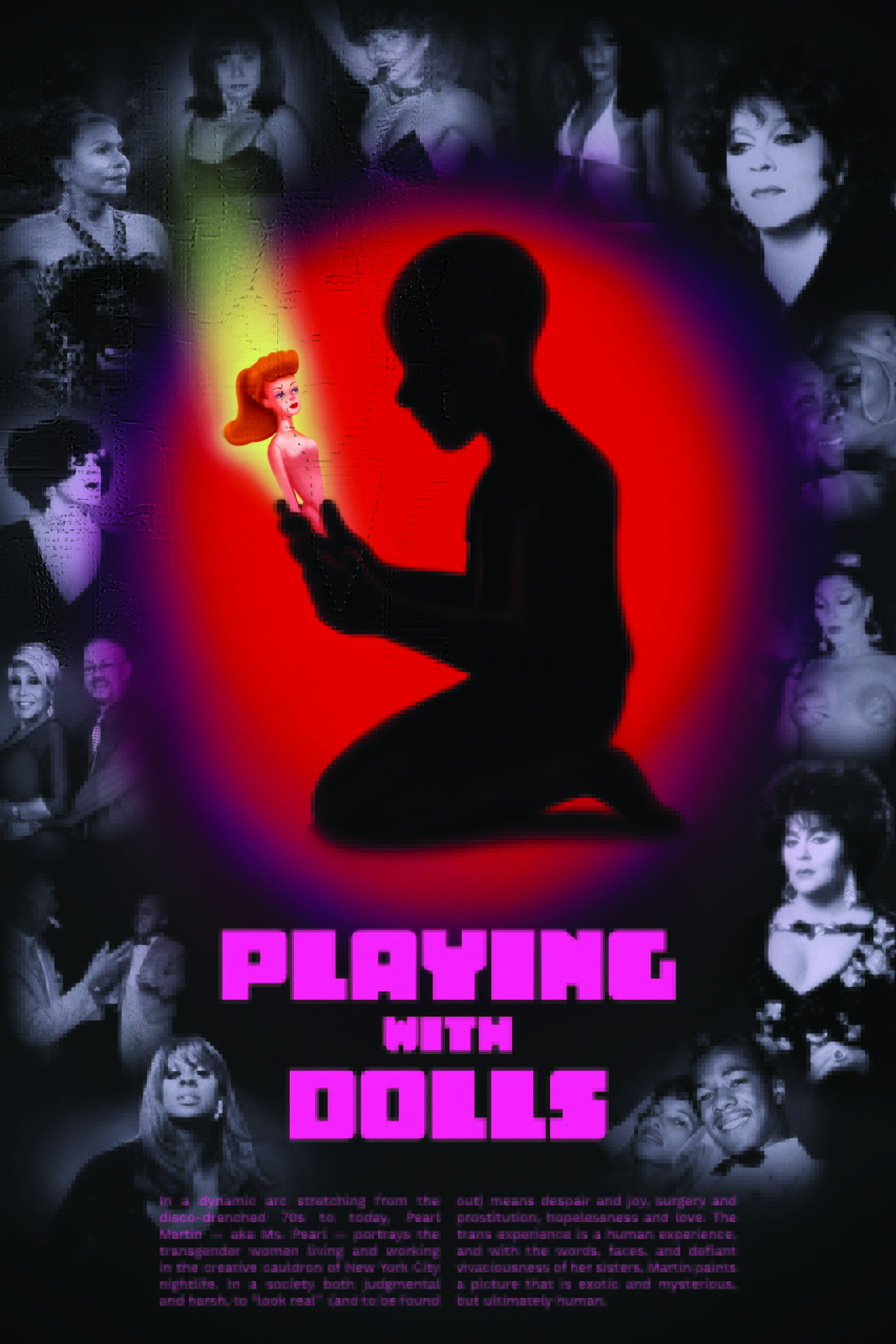 movie poster for Playing With Dolls with a silhouette of a child kneeling holding a doll that is in color, not in silhouette.