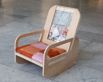 EiSandi Kyaw, Jessica Liang, Plastics in Motion. Birch plywood, acrylic, fabric scraps, plastic bags, plastic scraps.