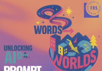 illustration of text that says Words with swirling arrows that direct to the word Worlds with a drawing of a small world