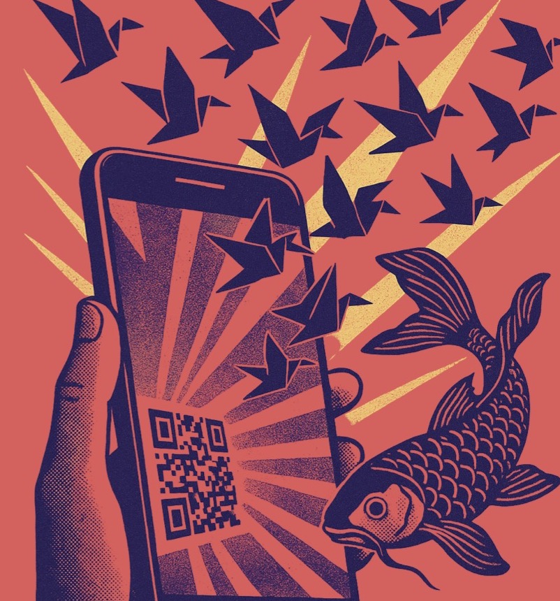 illustration of a hand holding a cellphone displaying a QR code and fish, birds, and rays of light come from the phone screen