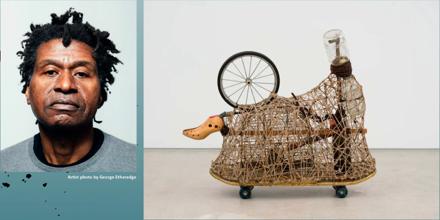 portrait photo of Arthur Simms; sculpture with bicycle tire, shoe form, and repeated wrapped string that creates a hardened organic cage form 