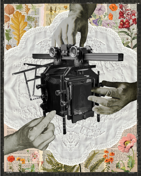 Screen Shot 2025-10-21 at 10.52.32 AM photo collage with hands adjusting a medium format camera collaged over a background of a doily, book pages and botanical illustrations