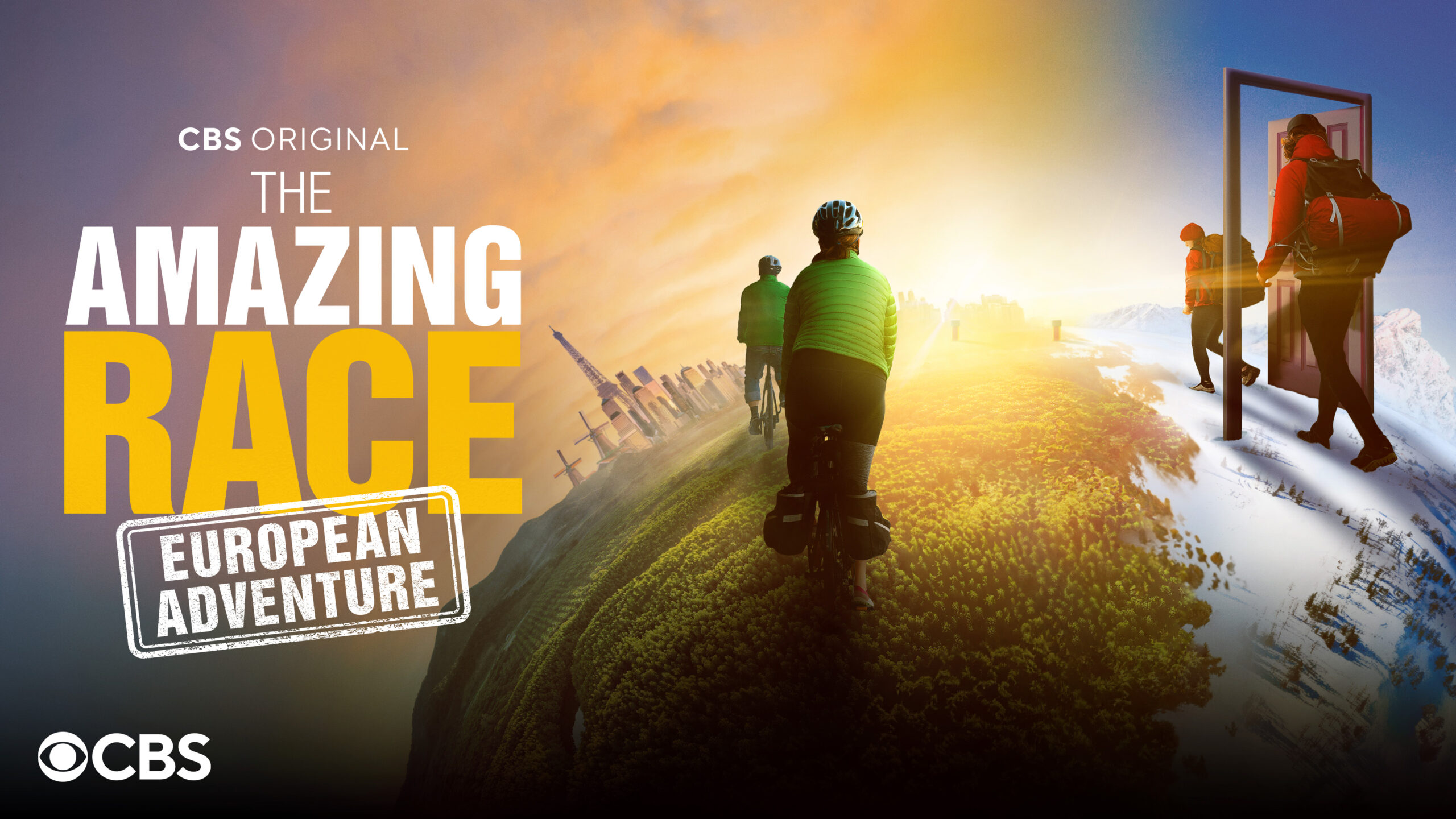 realistic illustration of two couples, one on bicycles, the other hiking in the snow, all on globe with a city skyline in the background and text treatment for The Amazing Race European Adventure