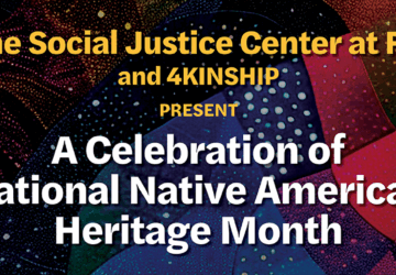 FIT Social Justice Center and 4Kinship Present A Celebration of National Native American Heritage Month logo with many colors swirling in the background