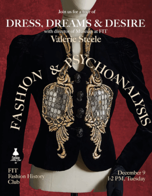 flyer for guided tour of Dress, Dreams and Desire event with image of a blazer with sequins forming wings on the front