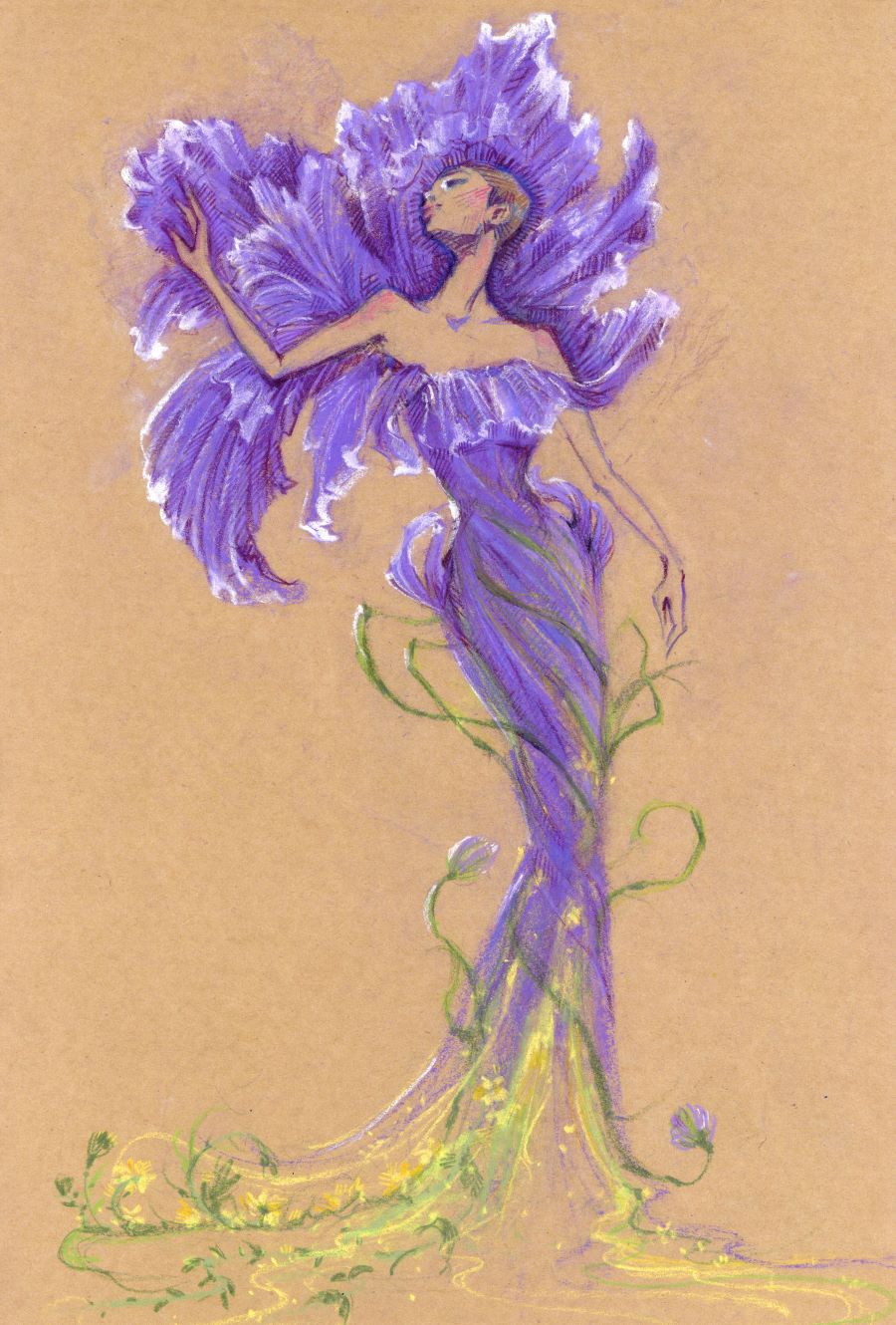 a drawing on a tan toned paper of a model wearing a form-fitting, iris flower-like dress. Iris petal-like shapes envelop the upper body of the model her head and shoulders against the beautiful shapes in shades of violet with white highlights
