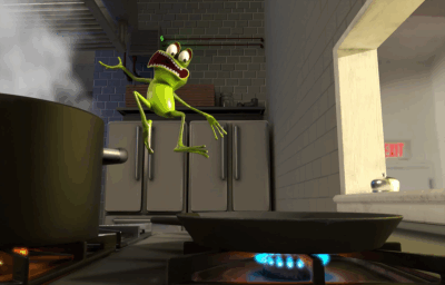 screenshot of an animation of a terrified frog jumping off a hot skillet on a stovetop