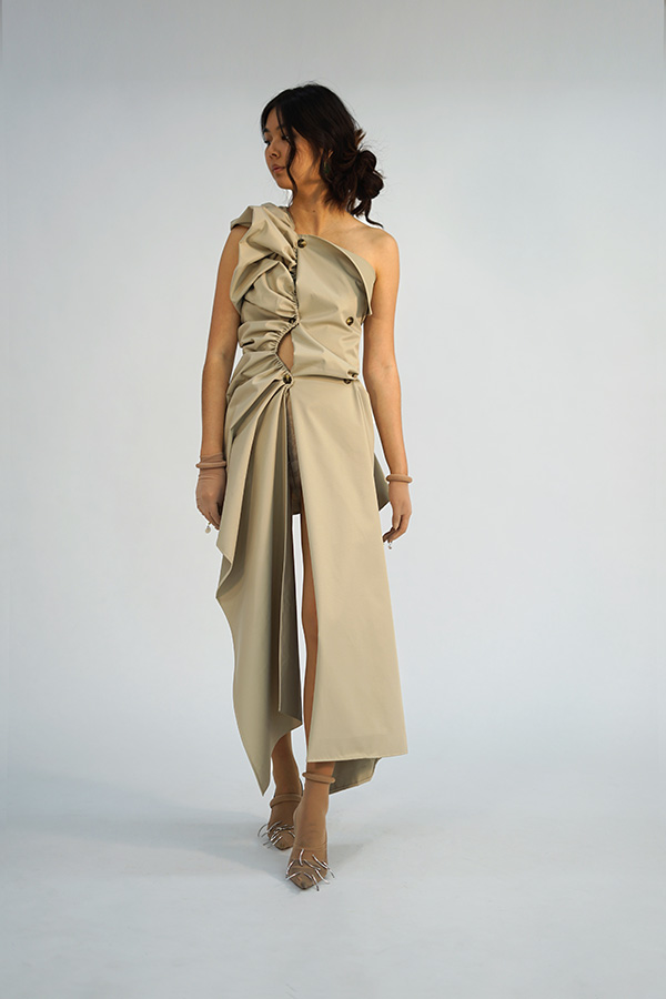 model wearing a khaki dress