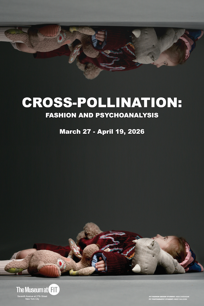 poster for Cross-Pollination exhibition with a girl on the bottom of the poster looking at an upside down version of her self at the very top of the poster