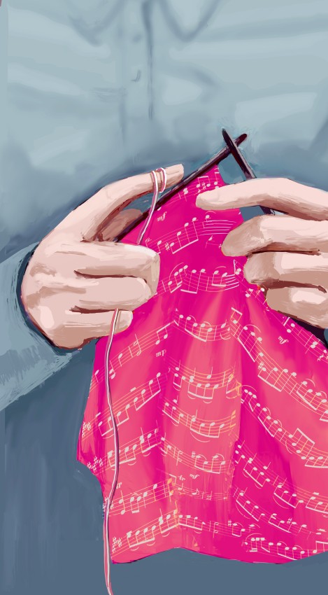 illustration of hands knitting fabric that has musical notes on it