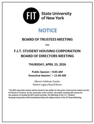 flyer for FIT Board of Trustees meeting on April 23, 2026
