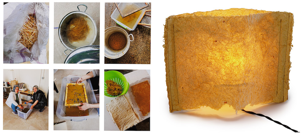 collage of photos showing bowls and cups of brown fluid and paper-looking material