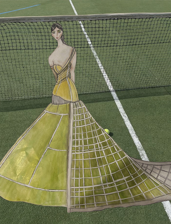 fashion illustration of a dress made from tennis materials
