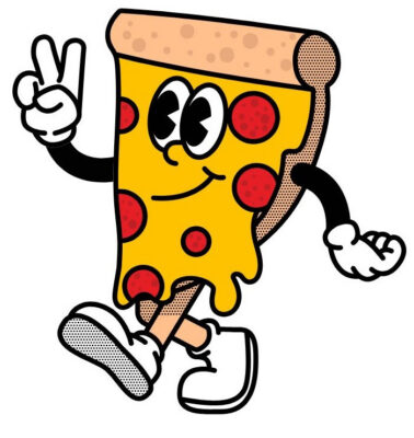 Illustration of a slice of pizza with arms and legs and a smiling face