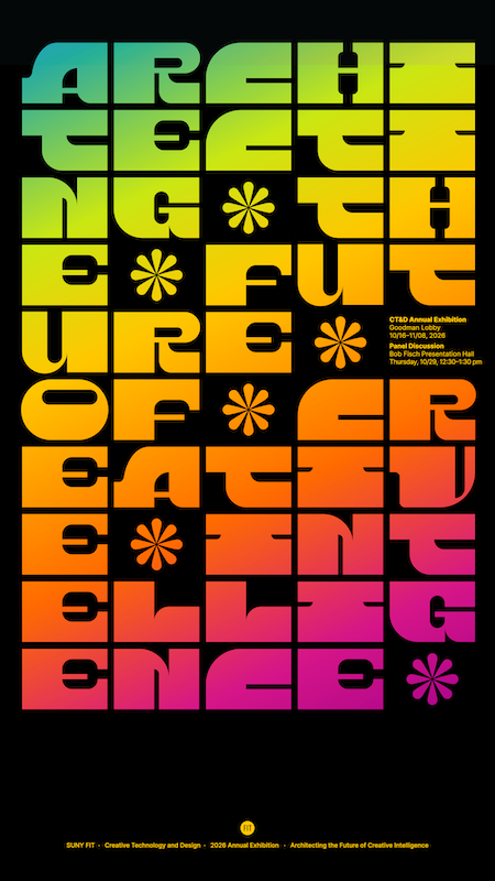 poster for Architecting the Future with title of exhibition spelled out in brightly colored letters taking up the whole space of the poster