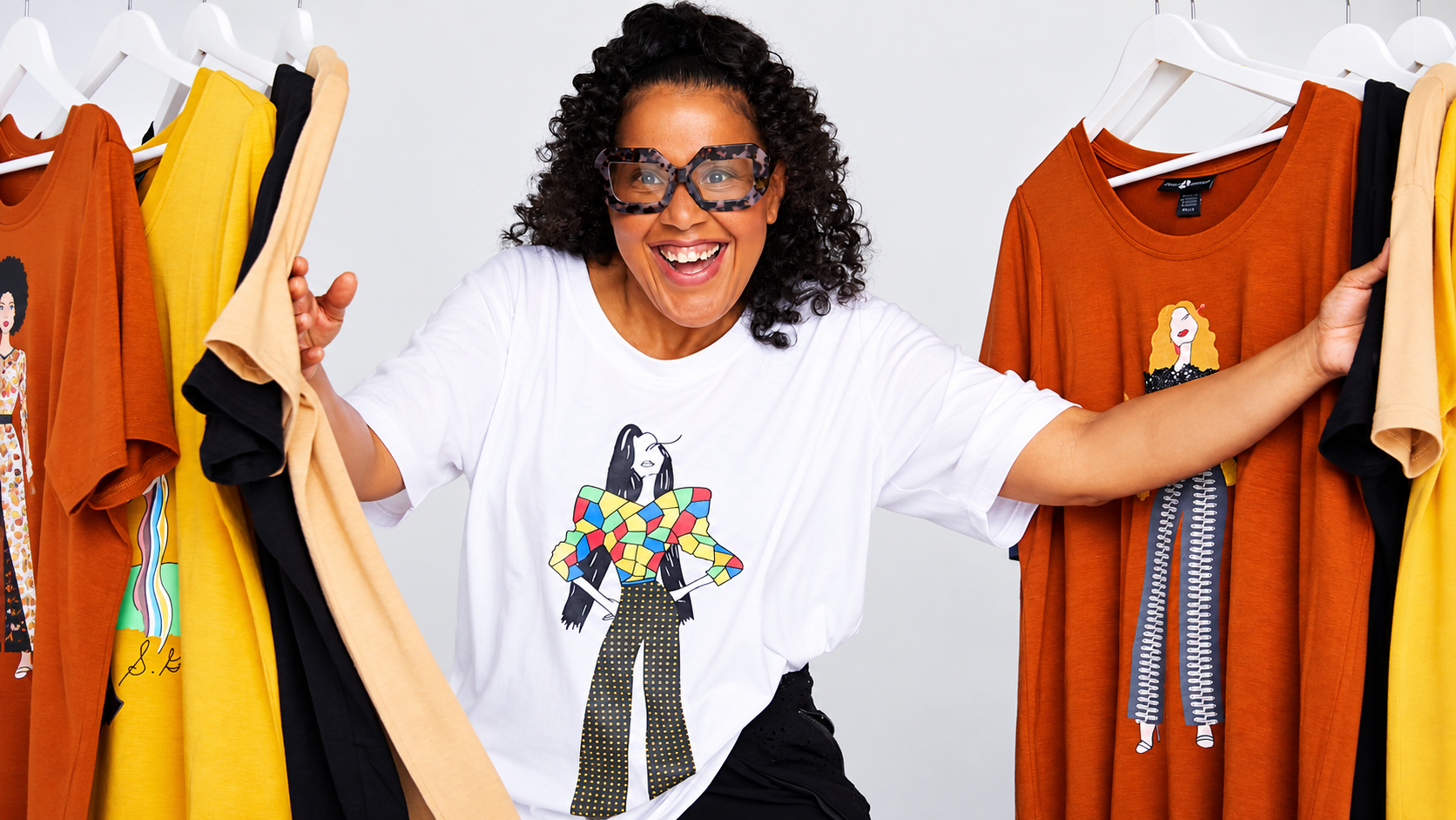 Joyful Fashionista Among Colorful Racks