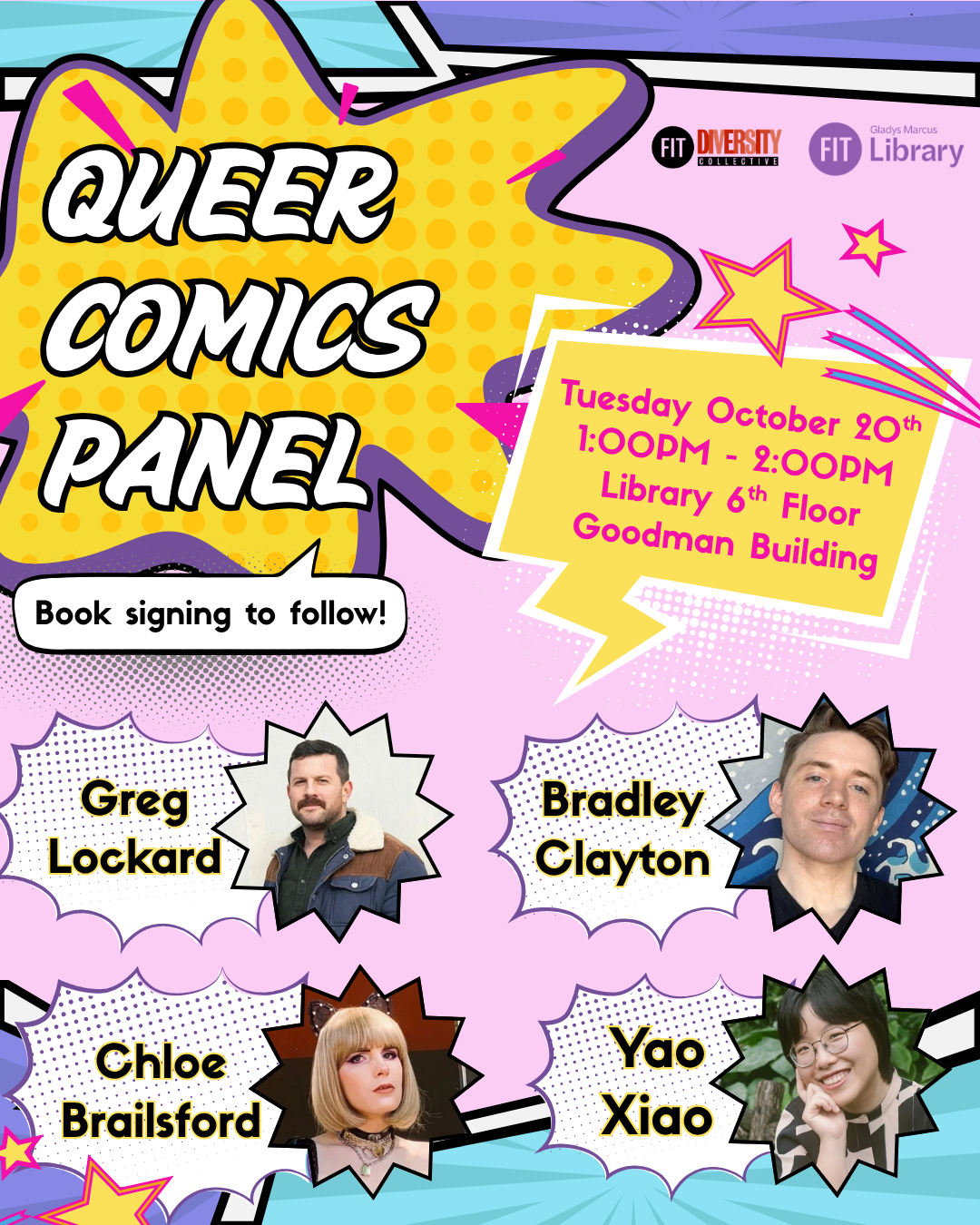Flyer for Queer Comics Panel done in comic book style with photos of presenters listing date, time and location of event